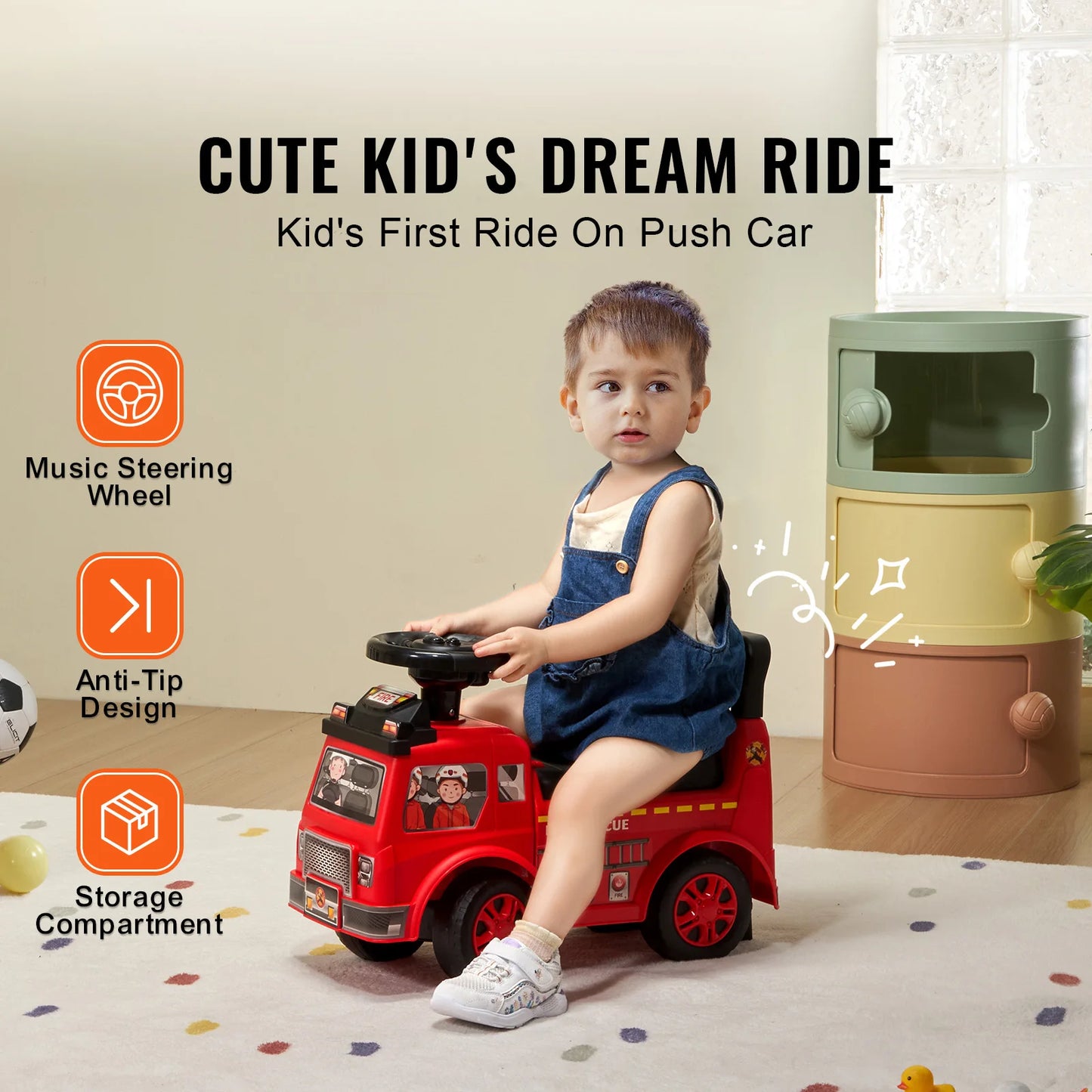 SucceBuy Ride On Push Car Kids Ride On Car with Music Steering Wheel & Under Seat Storage for Toddlers Ages 3-12 Ride Racer