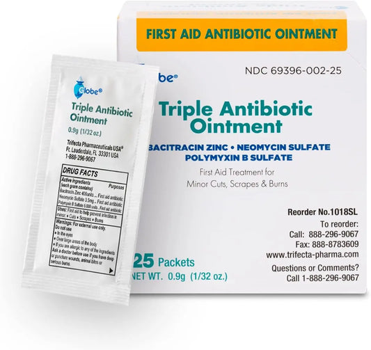 25 Pack Triple Antibiotic Ointment for Minor Cuts, Scrapes & Burns - Travel Size 0.9g Each