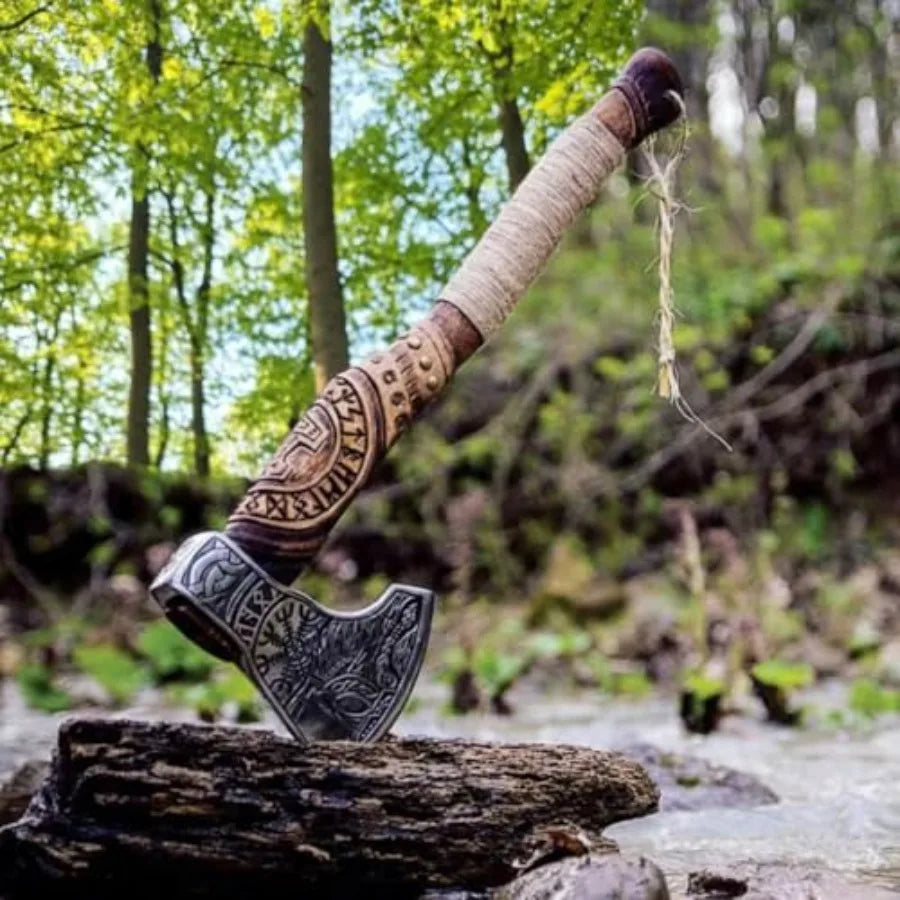Hand Forged Viking Axe Carbon Steel Blade with Ash Wood Handle and Leather Sheath Camping Hunting Outdoor Hatchet Valhalla Ax M