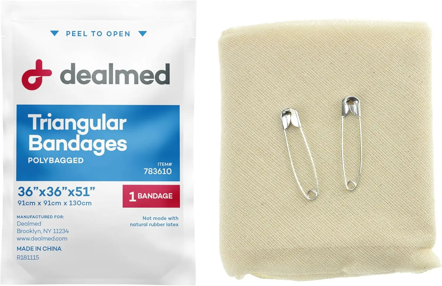 Latex-Free Triangular Bandages - 12 Cotton Bandages with Safety Pins, 36" x 36" x 51" Compression Wrap for First Aid