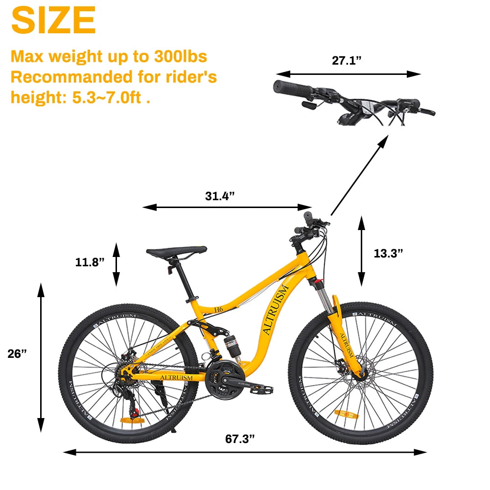 26 Inch 21 Speed Adult Bicycle Adjustable Full Suspension Mountain Bike,Dual Disc Brake High Carbon Steel Frame for Men Women